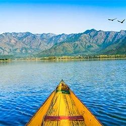 A shikara floating on Dal Lake with snow-covered mountains in the background